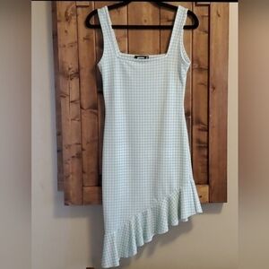 Missguided Sage Gingham Asymmetrical Ruffle Sundress, Size US 6
